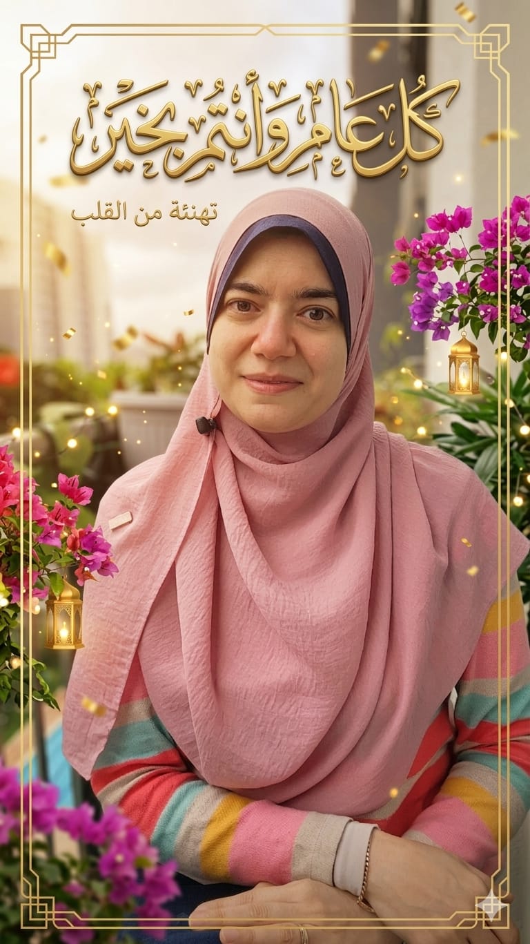 تصميم تهنئة بإطار ذهبي وزهور يحمل صورة الأستاذة منار محمود