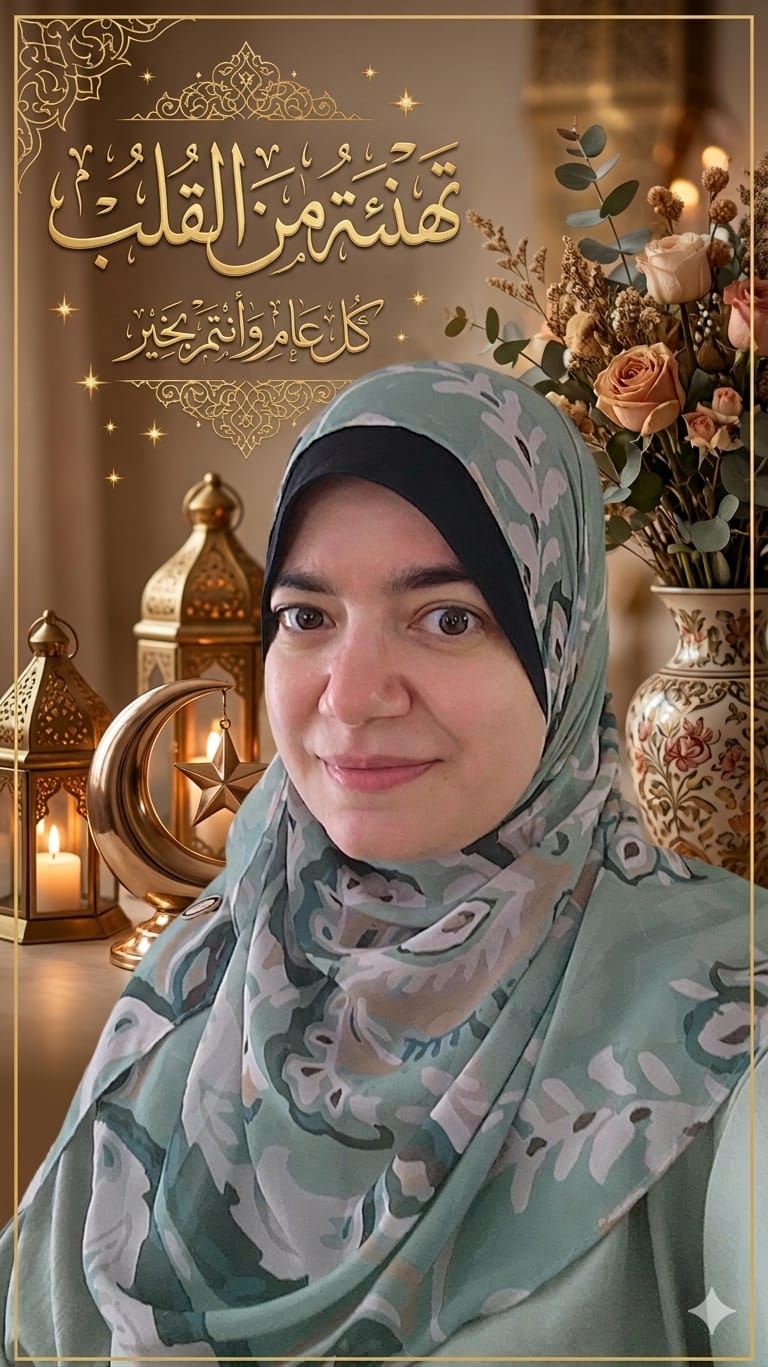 تصميم تهنئة إسلامي بزخارف ذهبية يحمل صورة الأستاذة منار محمود